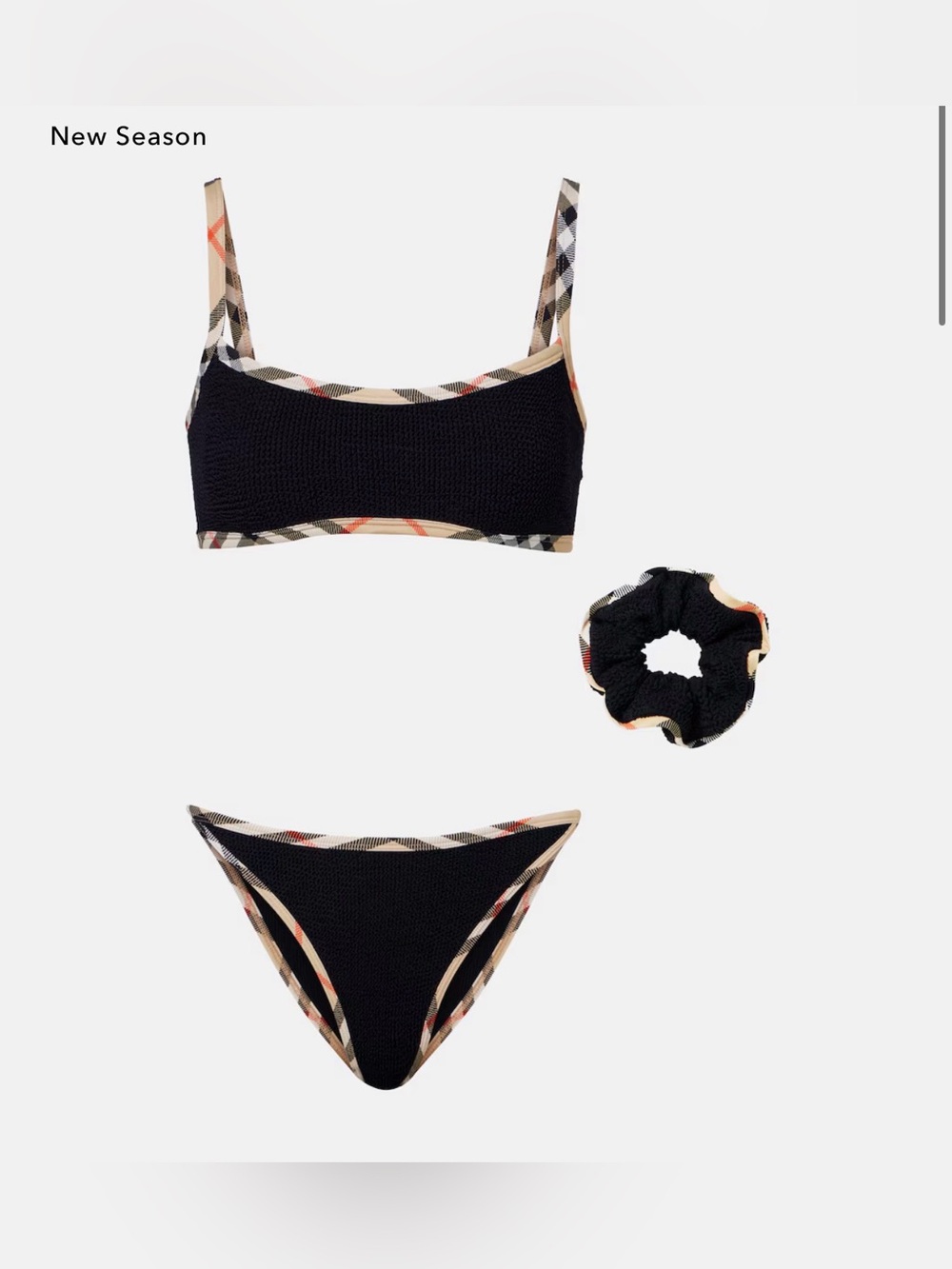 Hunza G Black Bikini Set with Beige Check Trim and Scrunchie